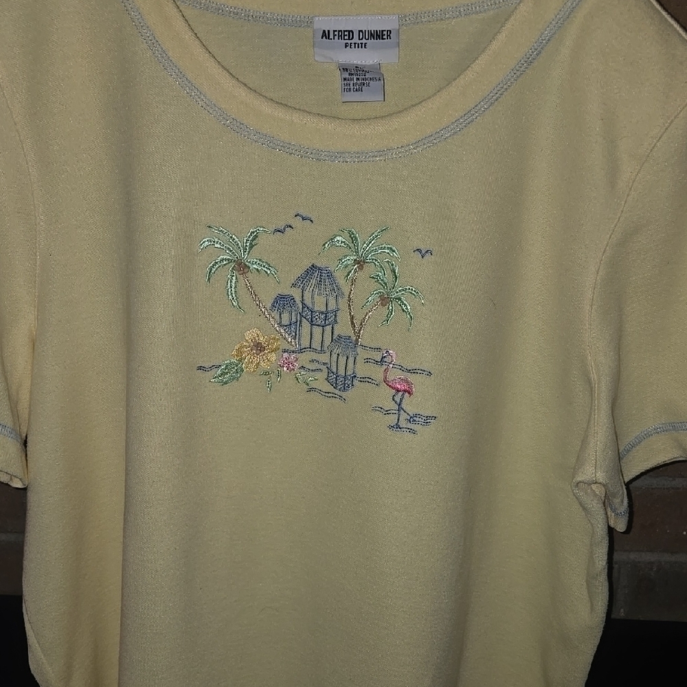 Alfred Dunner Women's Yellow Embroidered  Short Sleeve Top